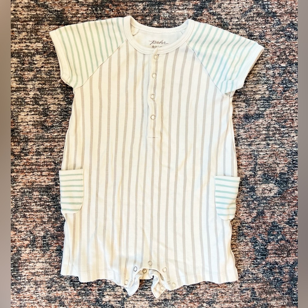 Pehr 6-12m striped romper. Grey and blue stripes
